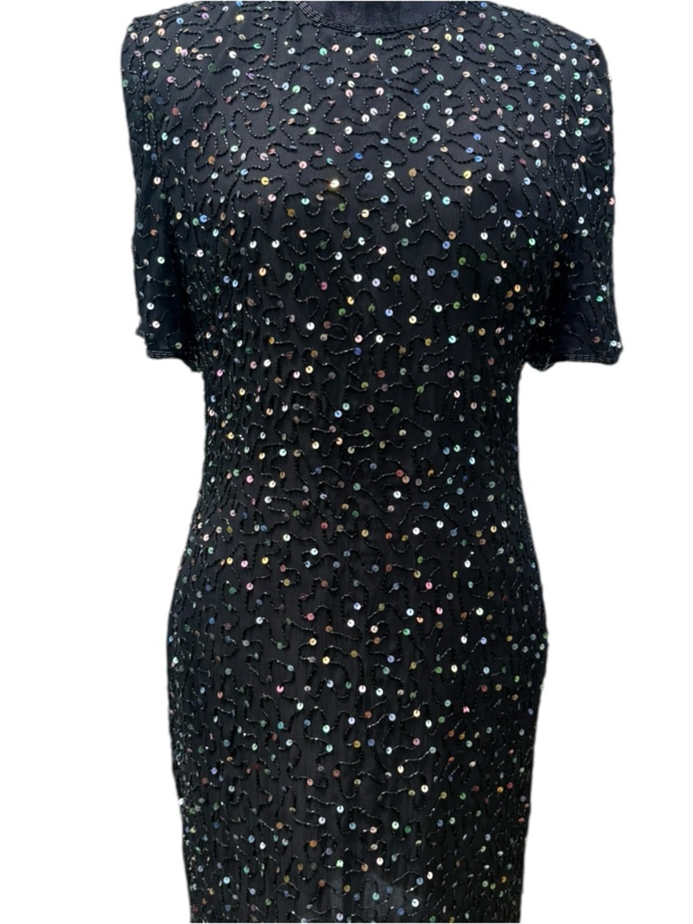 ✨ Vintage Laurence Kazar Silk Beaded and Iridescent Sequin Cocktail Dress Sz L ✨ - Picture 2 of 12